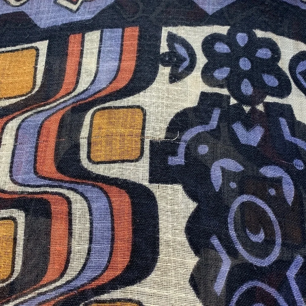 J McLaughlin tribal print scarf black, cream, yellow, blue, and rust